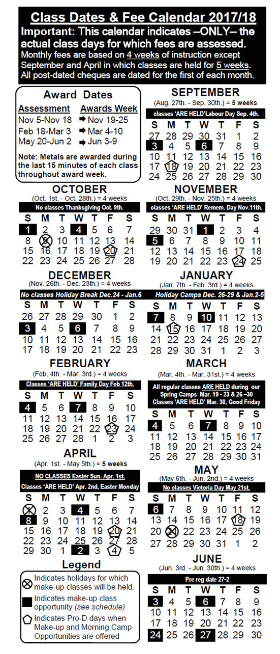 2017 2018 Class Dates Calendar